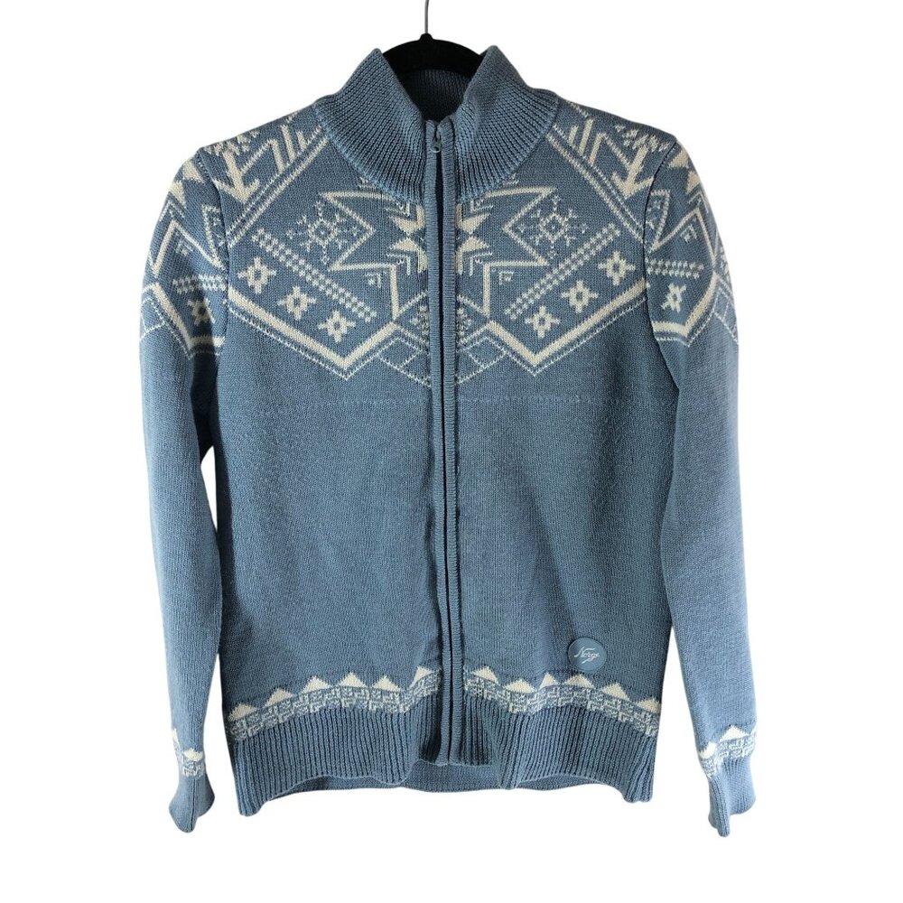 Norge Womens Cardigan Sweater Wool Blend Full Zip Fair Isle Blue Ivory M